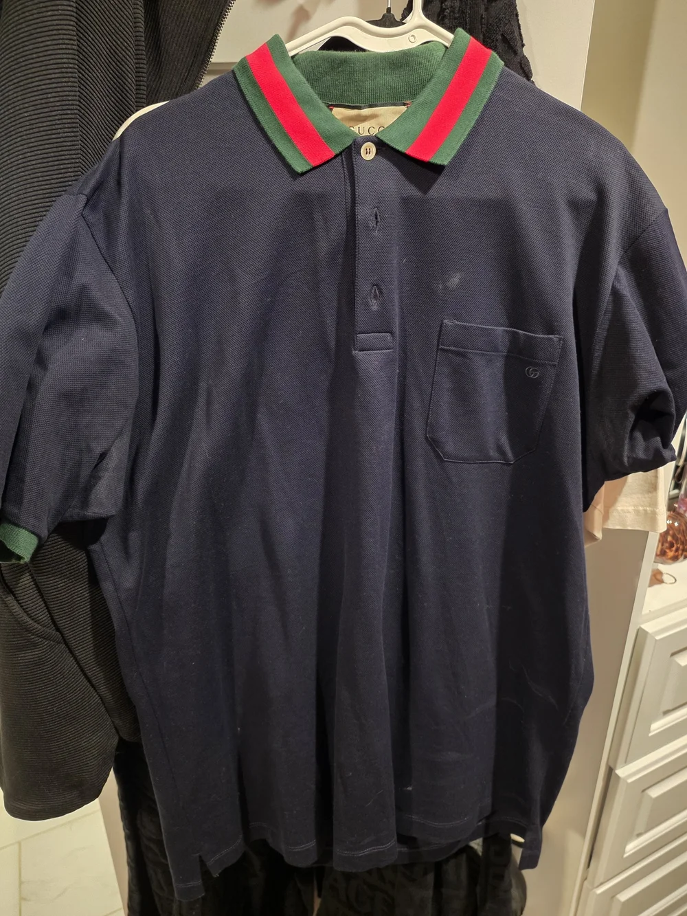 Two (2) Gucci Navy Polo with Cream Collar and Red-Blue Stripe Bundle 2xl
